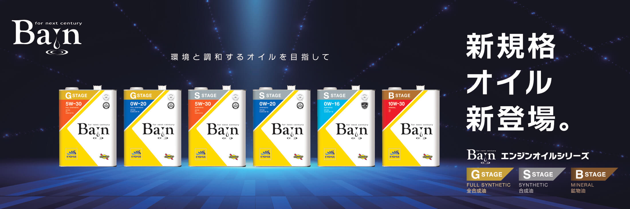 新規格オイル新登場　エンジンオイルシリーズ　環境と調和するオイルを目指して　【GSTAGE】FULL SYNTHETIC全合成油【SSTAGE】SYNTHETIC合成油【BSTAGE】MINERAL鉱物油