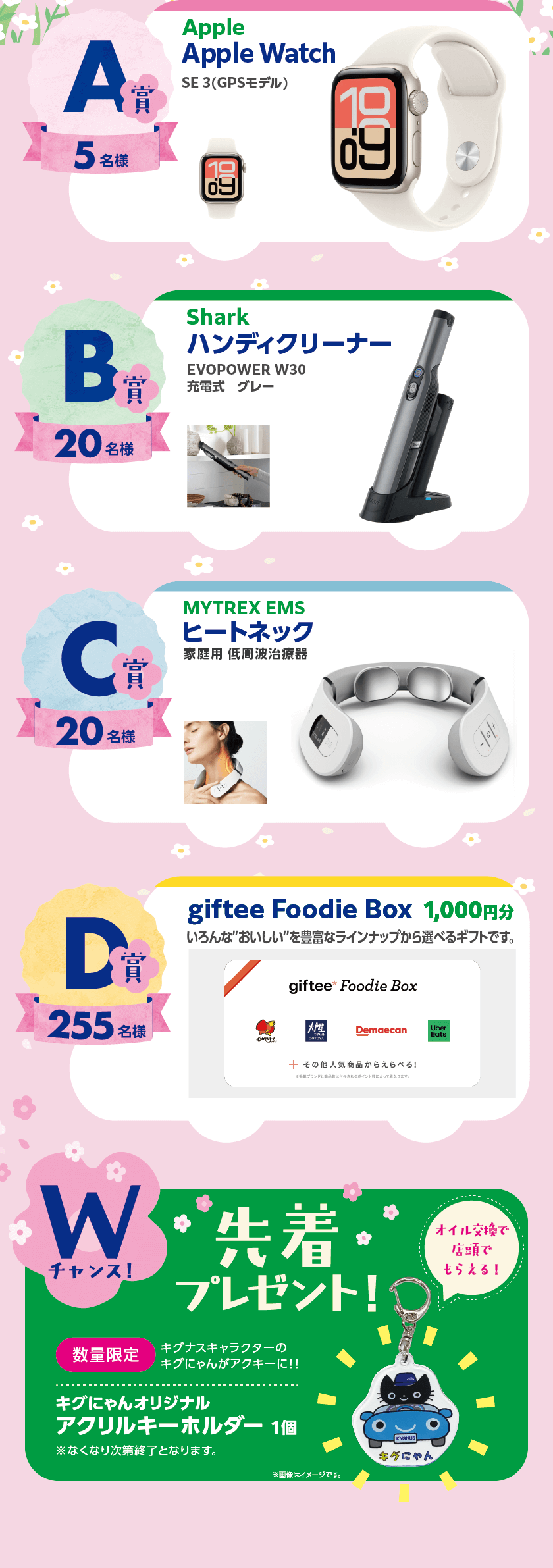 A賞 5名様 Apple Apple Watch SE 3(GPSモデル) B賞 20名様 Shark ハンディクリーナー EVOPOWER W30 充電式 グレー C賞 20名様 MYTREX EMS  ヒートネック 家庭用 低周波治療器 D賞 255名様 giftee Foodie Box  1,000円分 いろんな”おいしい”を豊富なラインナップから選べるギフトです。Wチャンス・先着プレゼント！ キグにゃんオリジナルアクリルキーホルダー 1個（数量限定）オイル交換で店頭でもらえる！キグナスキャラクターのキグにゃんがアクキーになりました！※なくなり次第終了となります。